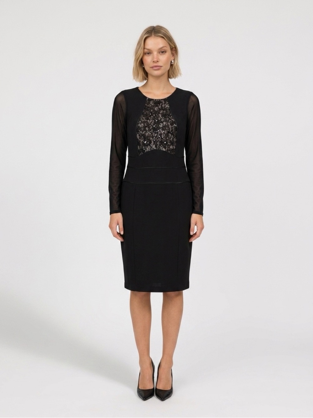 Basler Black Mesh Sleeve Dress with Embellished Front Panel